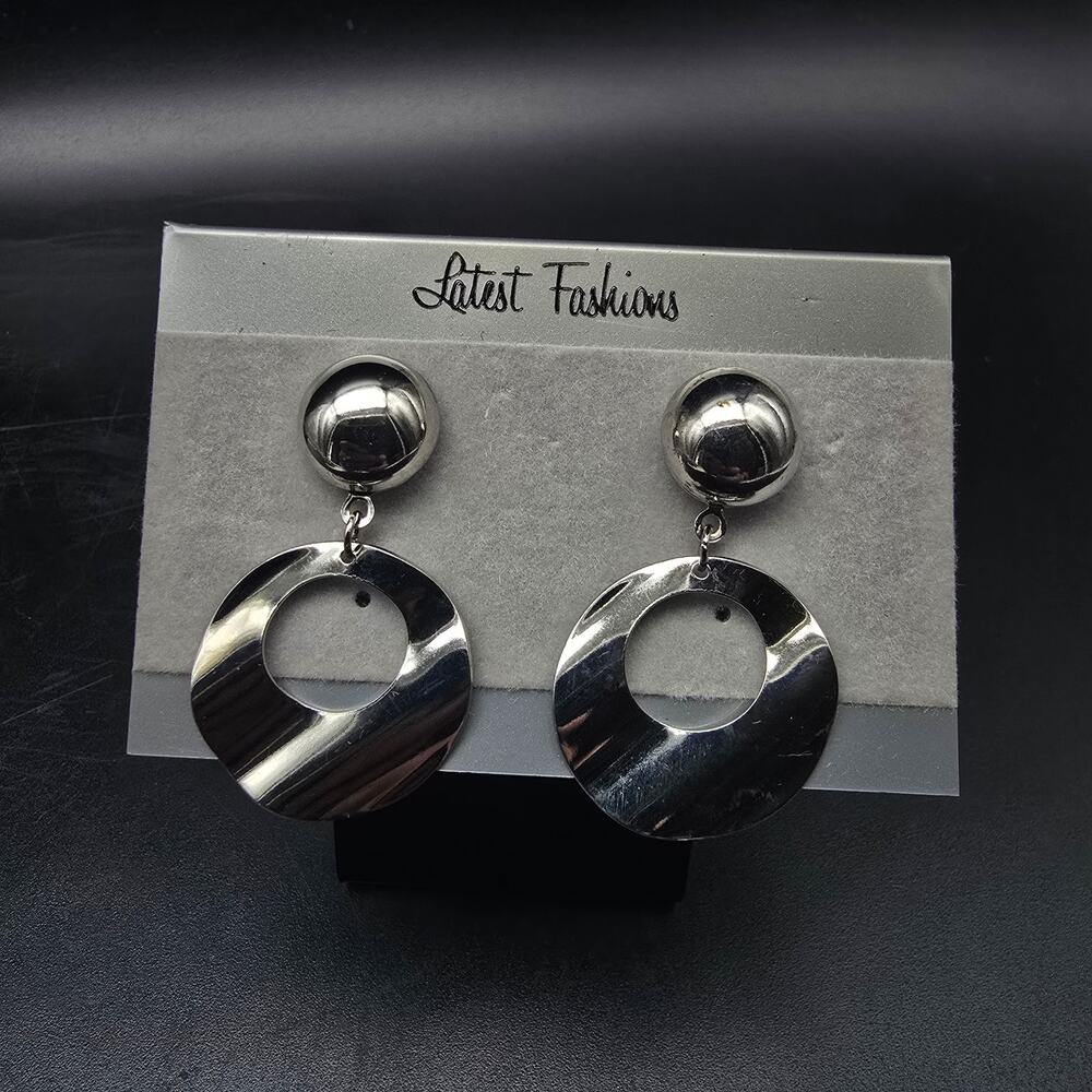 Silver Tone Rippled Hoop Earrings Drop Dangle Vintage 1980s Jewelry NWT NOS